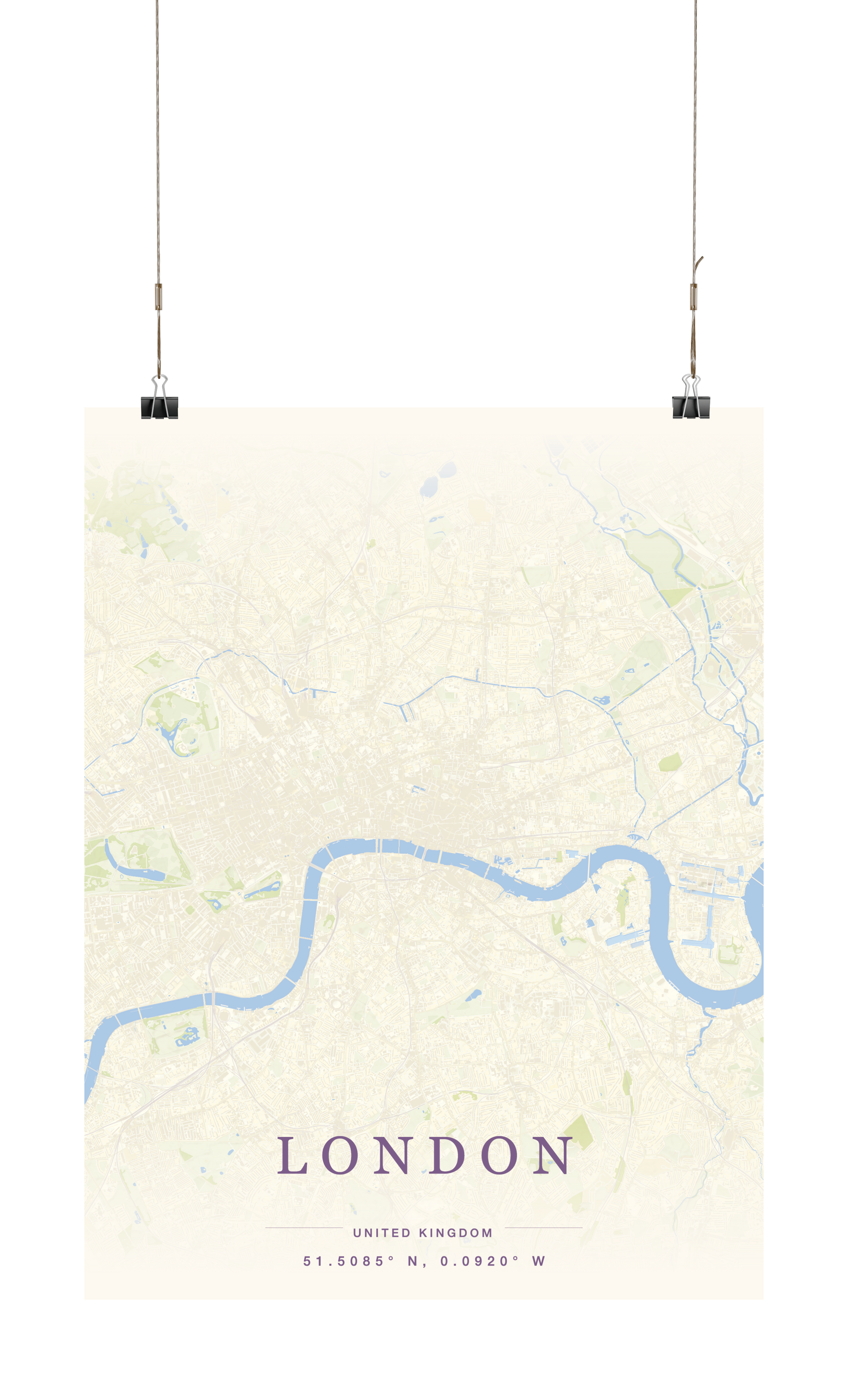 A custom map art print of London hanging from a poster rail